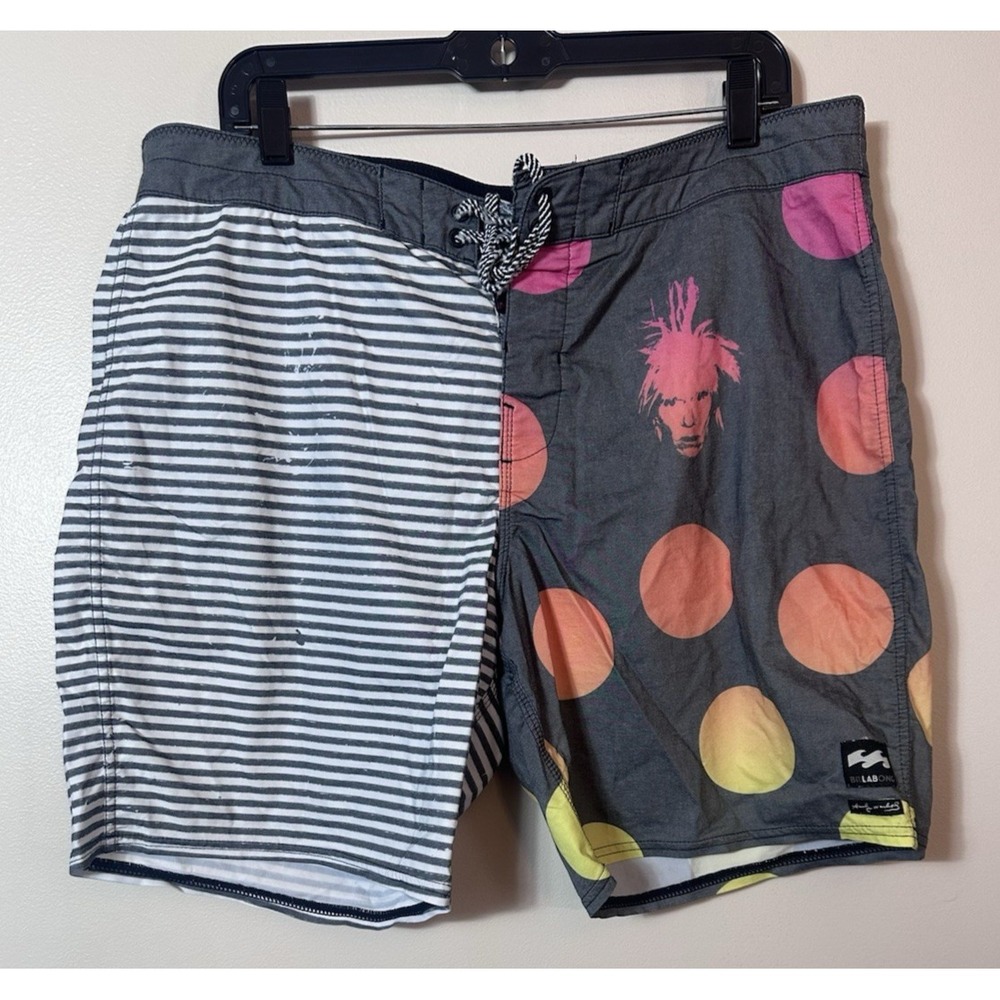 Billibong Andy Warhol Swim Trunks Board Shorts Men's Size 36 Gray Orange Striped